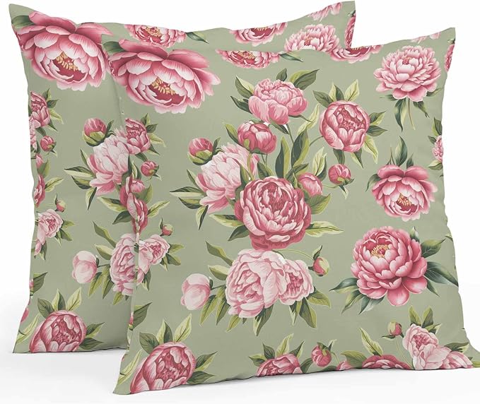 Flowers Vintage Outdoor Pillow Covers 16x16 Inch Throw Pillow Covers Set of 2 Waterproof Decorative Pillow Cases Green Leaves Pastoral Floral Country Cushion Covers for Patio Furniture Garden Couch