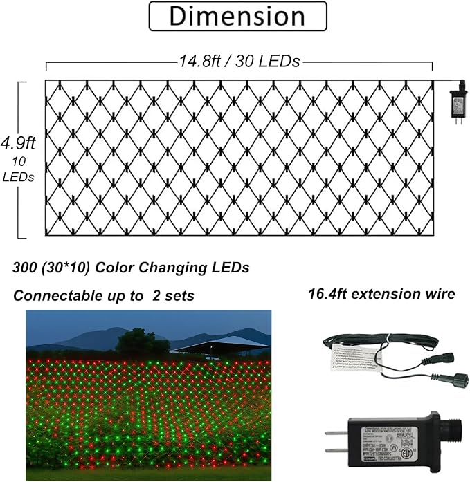 Pooqla Red and Green Christmas Net Lights Outdoor, 15x 5ft Green Wire | 300 LED Large Net Mesh Lights Plug in, 8 Modes Waterproof Connectable Bushes Lights for Christmas Hedge Yard Decor