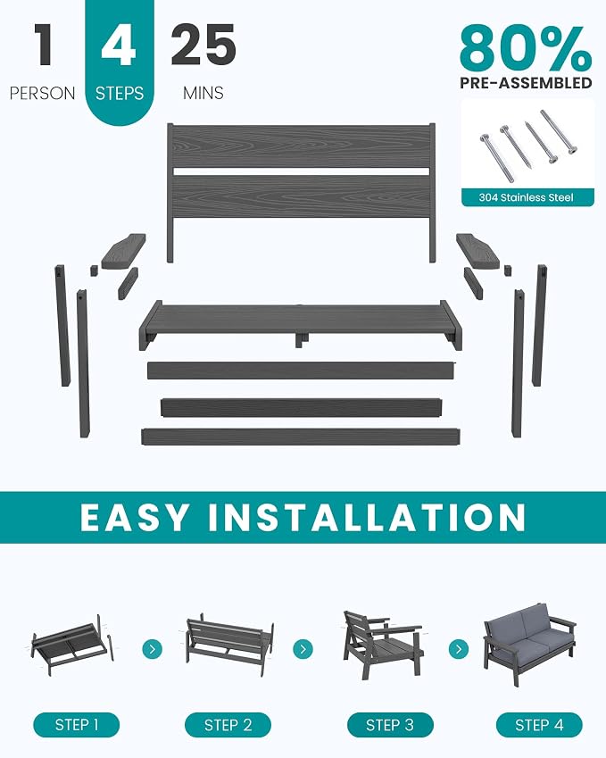 SERWALL HDPE Outdoor Patio Loveseat, All Weather Wood-Like Outdoor Sofa HDPE Outdoor Furniture, Grey Frame and Grey Cushion