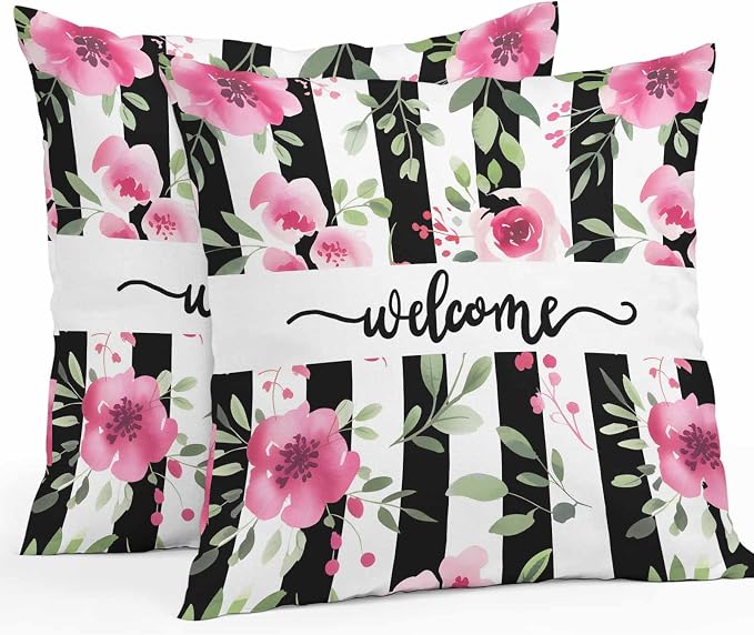 Throw Pillow Covers 18x18 Inch Set of 2, Pink Red Flower Waterproof Outdoor Cushion Covers, Watercolor Floral Leaf Black White Stripe Decorative Pillowcases for Couch, Sofa, Bed, Garden, Patio