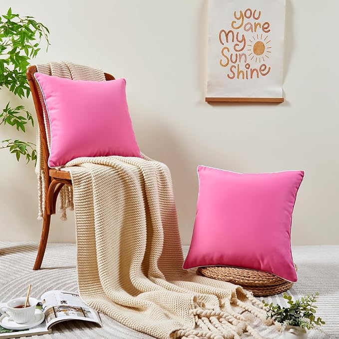 JOJOGOGO Hot Pink Outdoor Throw Pillow Covers 18x18 Waterproof Set of 2, Cute Pink Decorative Pillows for Couch, 18 x 18 Patio Furniture Pillows Outdoor Waterproof & Sunproof (Long Lasting Color)
