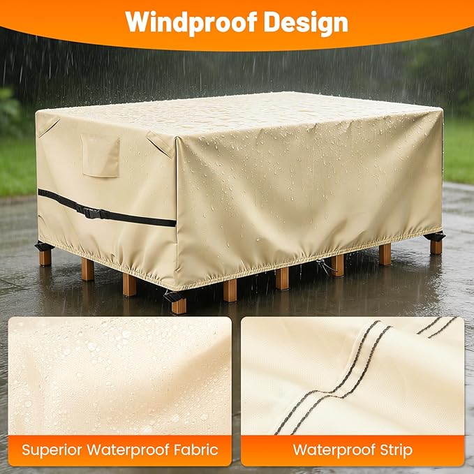 POMER Rectangular Patio Furniture Covers-Outdoor Furniture Covers Waterproof,600D Table and Chairs Cover for All-Weather Protection 90L X 64W X 28H Inch Beige