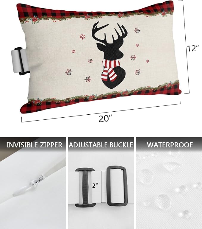 Outdoor Pillows Covers with Inserts Merry Christmas Elk and Snowflakes Waterproof Recliner Pillow with Adjustable Strap Throw Pillows for Patio Furniture Pool Lounge Chair, 12x20 inch, 2PCS