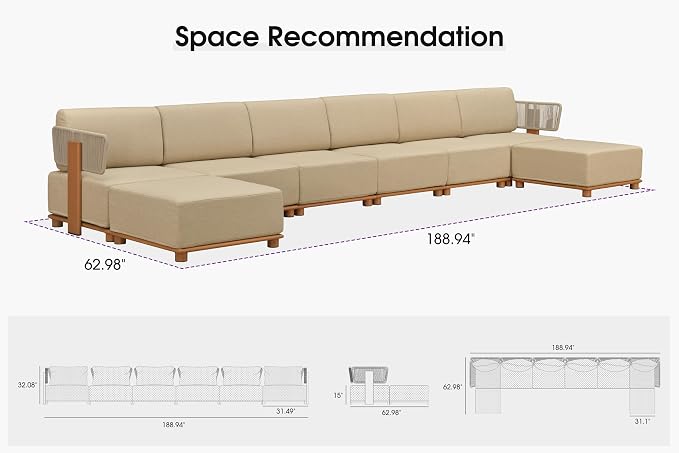 PURPLE LEAF Patio Furniture Set Modular U-Shaped Outdoor Sectional Sofa with 11" Thick Olefin Cushion 8-Piece Outdoor Conversation Set w/Ottomans & White Lights for Backyard Garden Poolside, Beige