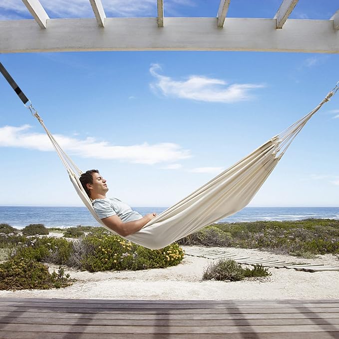 Gold Armour Brazilian Style Hammock with Tree Straps for Hanging, Portable Single Double Hammock for Camping, Outdoor, Indoor, Patio, Backyard (Beige White)