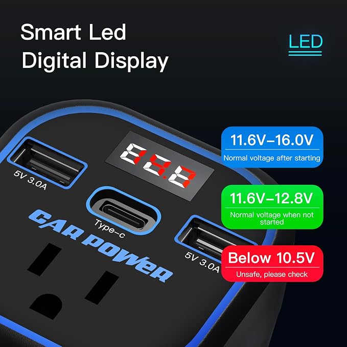 FAMIDGE 200W Car Power Inverter, car Outlet Adapter 12v to 110v, Car Outlet Adapter with Dual USB and Type-C, car Adapter for Plug Outlet, Laptop, CPAP, 2025 New Upgrated Overload Protection, Blue