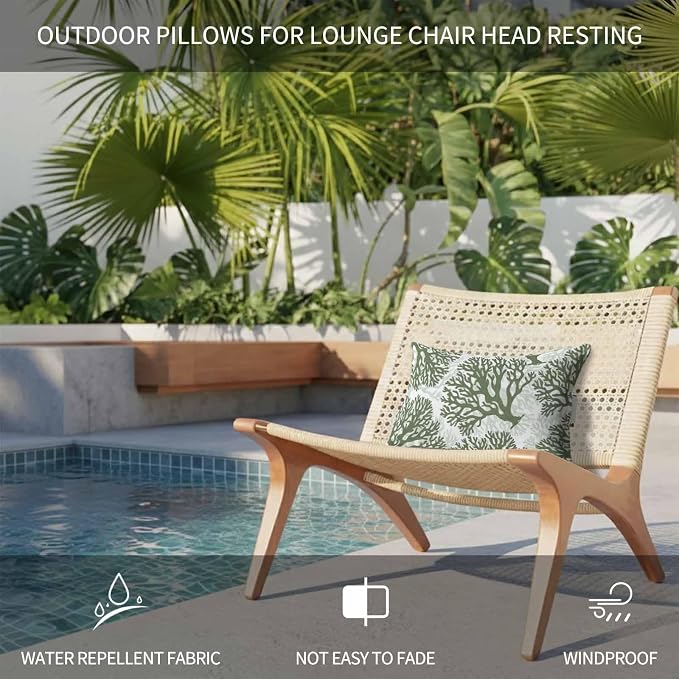 Outdoor Lumbar Pillow Set of 2, Dark Green Coral Waterproof Beach Headrest Pillow with Inserts, Coastal Summer Ocean Nautical Sea Recliner Throw Pillows for Patio Furniture, 12 x 20