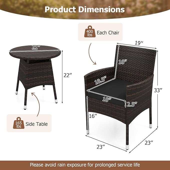 Tangkula 3 Piece Patio Furniture Set, Hand-Woven PE Wicker Conversation Set with Contoured Armchairs, Cushions & Round Coffee Table, Outside Bistro Set for Porch, Backyard, Balcony & Poolside (Black)