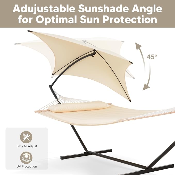 SUNCREAT Portable Outdoor Hammock with Stand, Sun-Protective Canopy, Double Hammock with Stand for Outside, Patent Pending, Beige