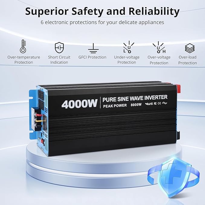 Power Inverter 4000 Watt Pure Sine Wave 12V DC to 110V/120V AC 8000W Peak Converter for Family RV Off Grid Solar System with 4 AC Outlets LCD Display Remote Control and 3.4A USB Charging Port