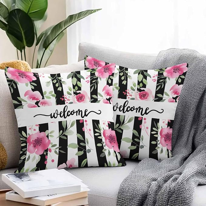 Throw Pillow Covers 18x18 Inch Set of 2, Pink Red Flower Waterproof Outdoor Cushion Covers, Watercolor Floral Leaf Black White Stripe Decorative Pillowcases for Couch, Sofa, Bed, Garden, Patio