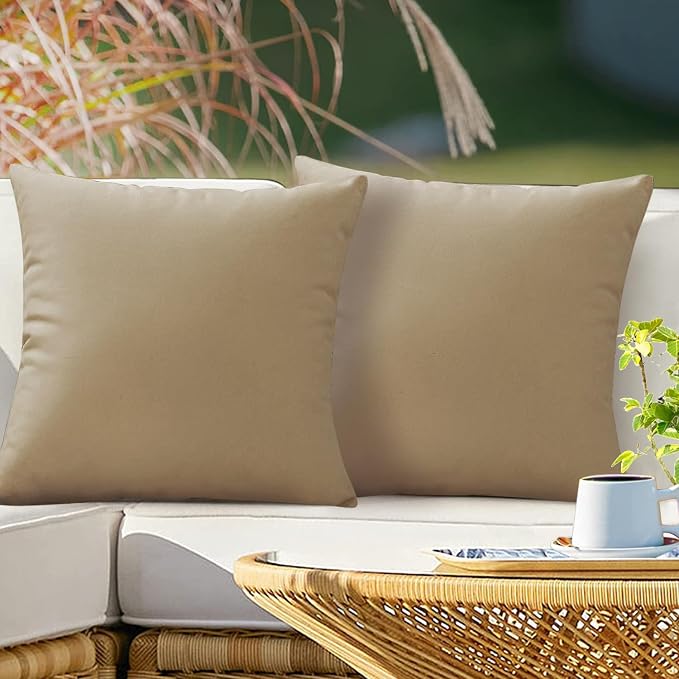 VAKADO Outdoor Waterproof Throw Pillow Covers 18X18 Set of 2 Decorative Taupe Patio Furniture Cushion Cases Outside Decor for Couch Garden Bench Porch
