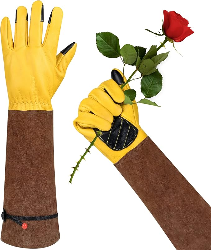 WOHEER Long Gardening Gloves for Women Thorn Proof,Rose Pruning Cowhide Leather Garden Glove for Cactus, Rose and Blackberry