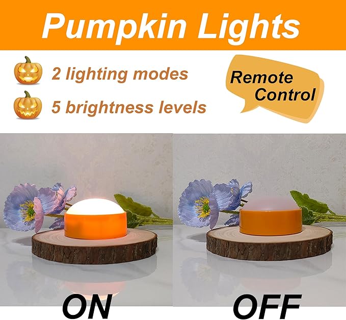 12 Pack Halloween Pumpkin Lights with Remote / Timer, Bright Flickering Battery Operated LED Light Flameless Candle Set for Pumpkin Décor Jack-O-Lantern Halloween Party Home Decorations, Orange Color