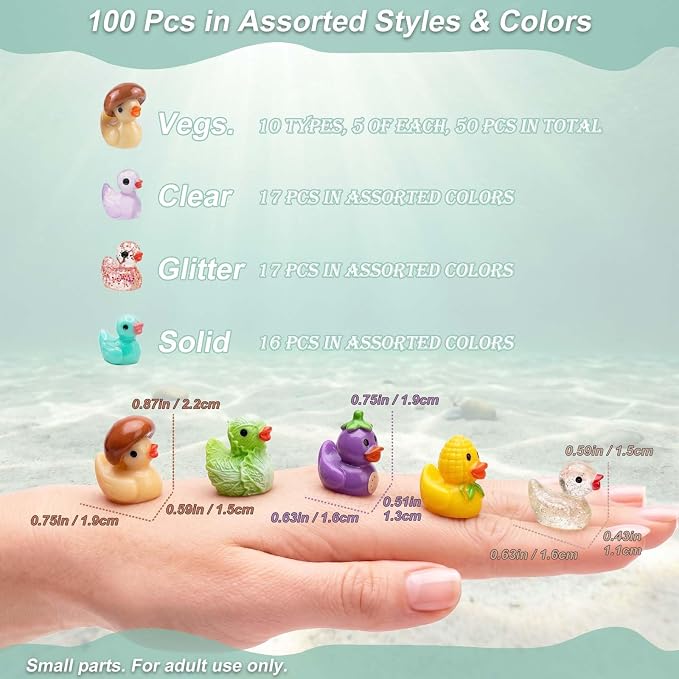 Novelty Vegetable Mini Resin Duck Figurines, 100 Pcs Miniature Ducks to Hide (50 Veggie & 50 Classic Assorted), Tiny Animals for Fairy Garden, DIY Crafts, Micro Landscape & Office Décor