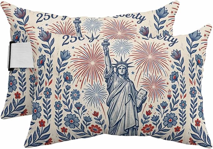 4th of July Outdoor Lumbar Pillows with Strap & Insert 250 Years of Liberty Recliner Head Pillow Pack of 2 Patriotic Star Flower Fireworks Waterproof Patio Lounge Chair Pillows for Office 11x16 Inch