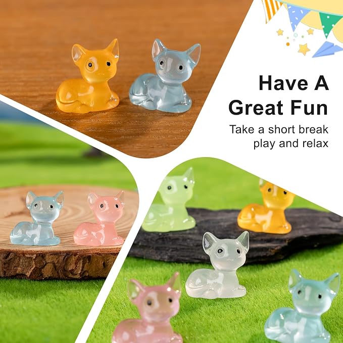 60 pcs Mini Resin Fox Many Styles Variety Tiny Luminous Animals Figures Miniature Little Small Animal Figurines Bulk for Micro Fairy Garden Landscape Accessories Hide Crafts Decor Aquarium