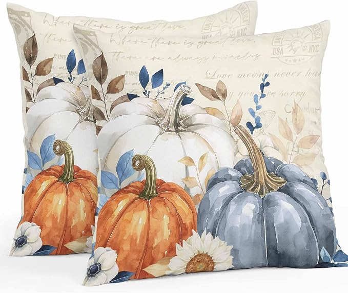 Fall Outdoor Throw Pillows Covers 16x16 inch Set of 2 Waterproof Blue White Pumpkin Zippered Cushion Covers for Patio Furniture, Autumn Eucalyptus Leaves Floral Thanksgiving Lumbar Pillowcases