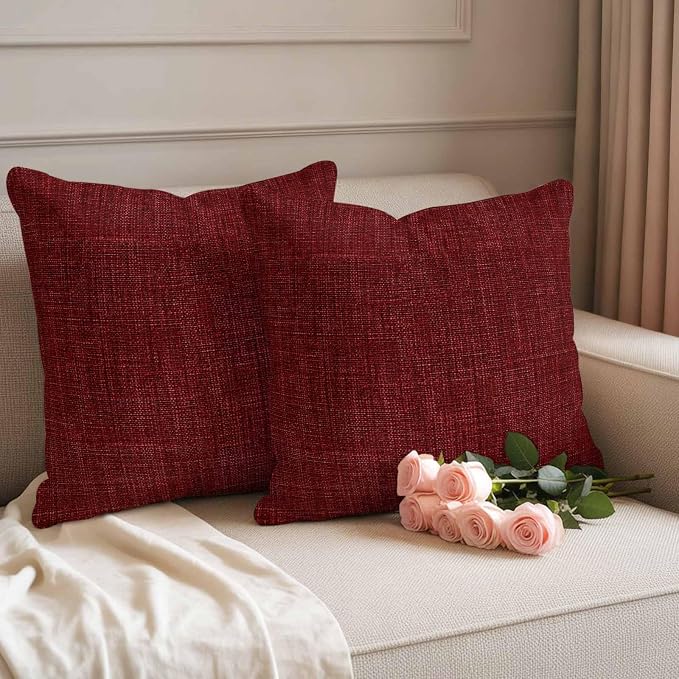Outdoor Waterproof Throw Pillow Covers Set of 2 Wine Red Linen Pillowcases 26x26 Inches Farmhouse Pure Color Decorative Pillows Cushion Case Patio Pillows for Couch Bed Chair Garden