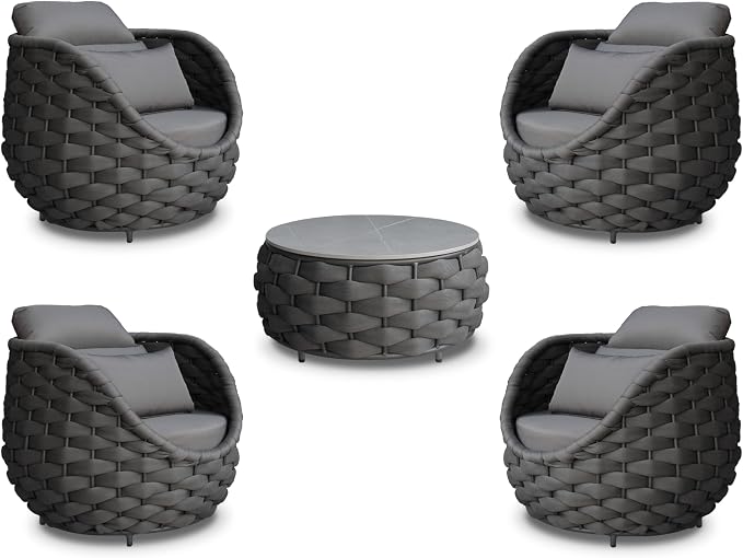 Front Porch Furniture 5 Piece Set: Aluminum Woven Rope Patio Conversation Sofa Set - Assembled Accent Chair Cushioned - Outdoor Armchair Couch Set for 400 lbs Deck Backyard Poolside Garden Hotel