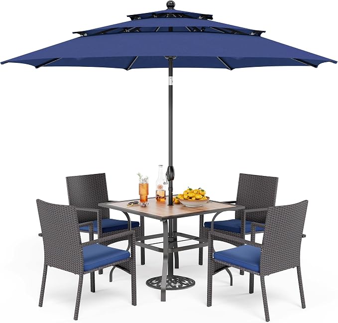 PHI VILLA 5pc Patio Dining Set with Umbrella, Square Table, Rattan Chairs | Includes 37" square metal table, 4 cushioned rattan chairs, and 10ft blue umbrella. Perfect for patio, deck, yard, or porch