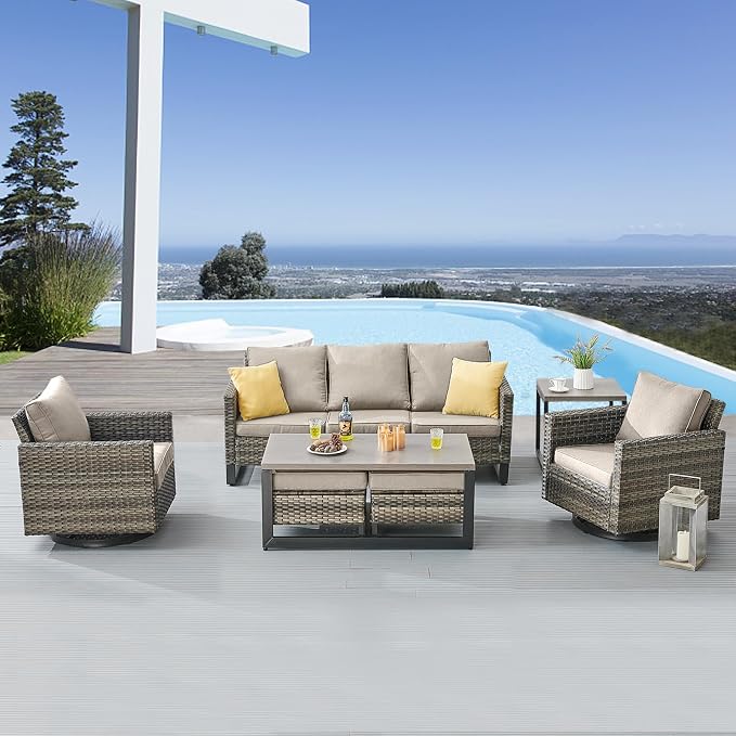 Belord Outdoor Bistro Set 3 Piece Wicker Swivel Rocker Patio Chairs, Oversize Outdoor Rattan Seating Set, Patio Swivel Glider Chairs Wicker Furniture with Metal Side Table for Outside Porch Backyard