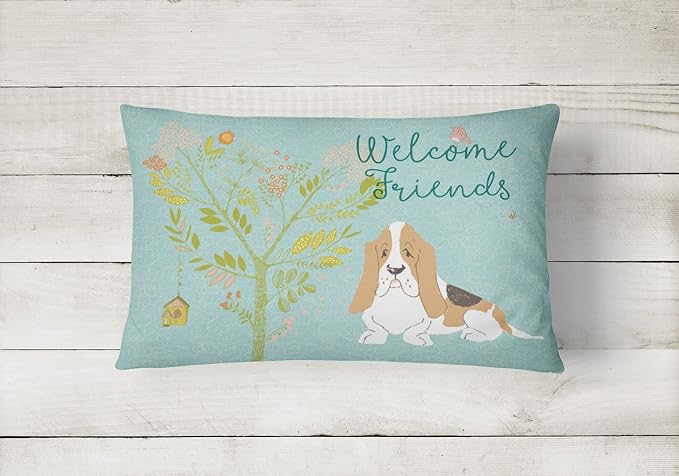 Caroline's Treasures BB7600PW1216 Welcome Friends Basset Hound Canvas Fabric Decorative Pillow Machine Washable, Indoor Outdoor Decorative Pillow for Couch, Bed or Patio, 12HX16W