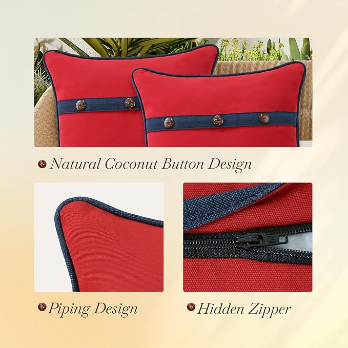 Outdoor Sunbrella Decorative Pillows with Triple Coconut Buttons Pack of 4, 16" x 16" Outdoor Pillow Set for Couch Bed Throw Patio Sofa, Canvas Logo Red/Specrtum Indigo