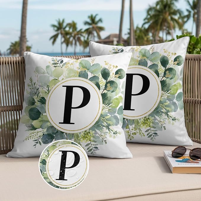 Letter P Waterproof Outdoor Pillow Covers Set of 2 Home Decor, Alphabet Green Eucalyptus Leaves Pillowcase Patio Pillow Covers for Couch Bench Patio Furniture Garden 16x16in