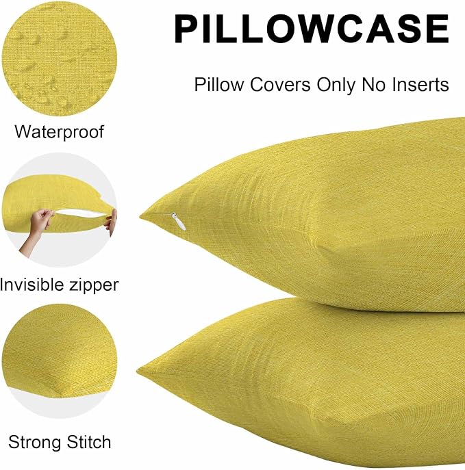 Pack of 2 Waterproof Outdoor Pillow Covers 18x18 Inch Decorative Pillow Covers Yellow Burlap Texture Throw Pillowcases Farmhouse Vintage Yellow Outdoor Cushion Cover for Couch, Patio, Tent