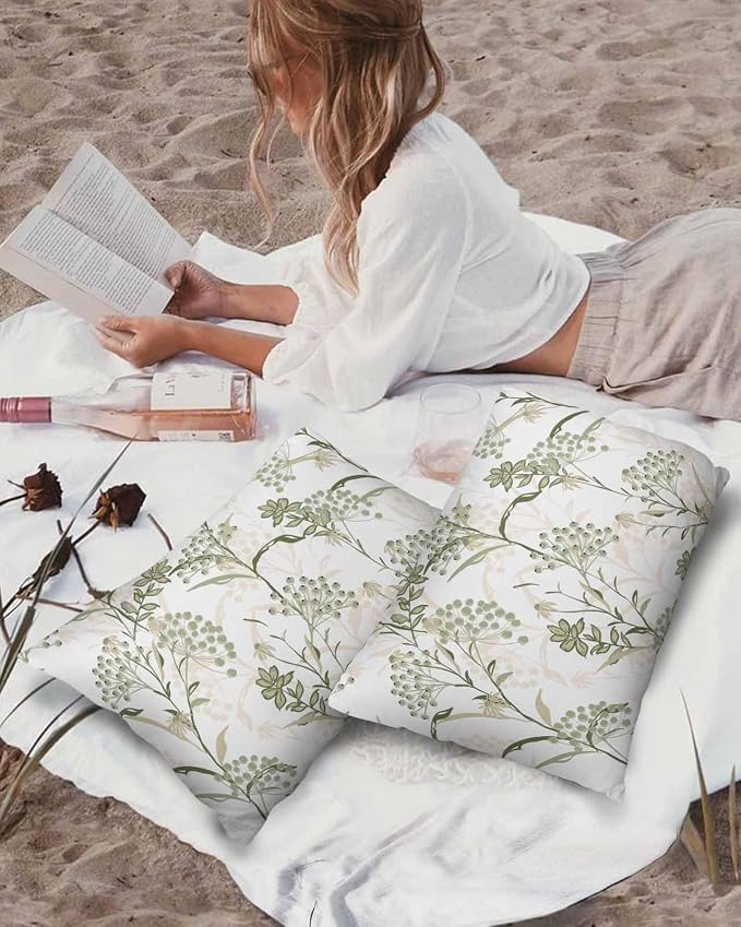 Outdoor Waterproof Throw Pillows Pastoral Sage Green Herbs Plant Patio Pillows Pack of 2,Decorative Pillow Covers with Insert,Pillow Cushion Case for Garden Couch Sofa Botanical Leaf on White