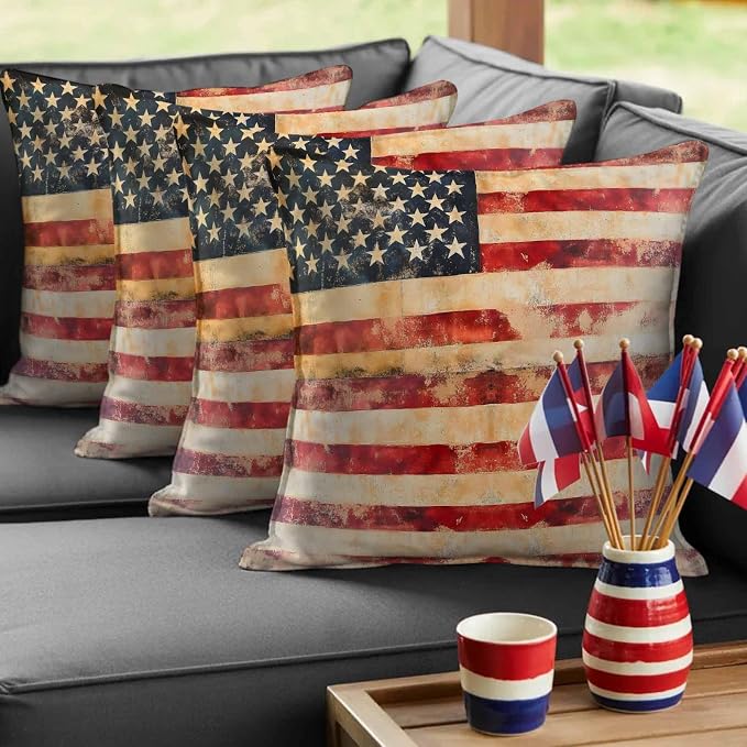 Independence Day Outdoor Pillow Covers 20"x20" Set of 2, Retro Country American Flag Waterproof Throw Pillow Covers for Patio Furniture, Decorative Cushion Covers for Porch