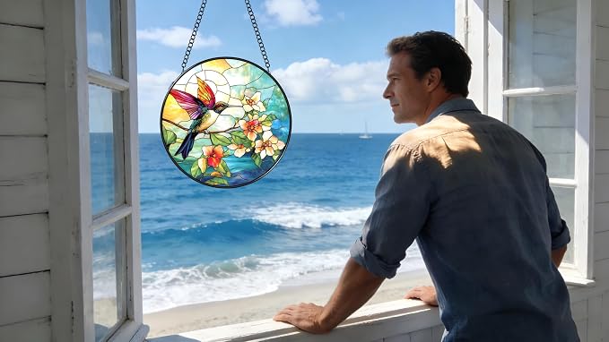 Stained Glass Window Hanging - Colorful Hummingbird Stand on Branches Covered in Flowers 6.3 Inches Suncatcher for Garden Home Decor for Women Mom Grandma Friends