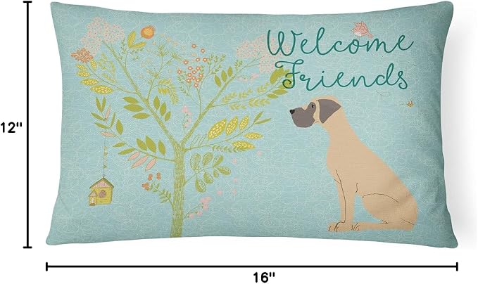 Caroline's Treasures BB7588PW1216 Welcome Friends Fawn Great Dane Natural Ears Canvas Fabric Decorative Pillow Machine Washable, Indoor Outdoor Decorative Pillow for Couch, Bed or Patio, 12HX16W