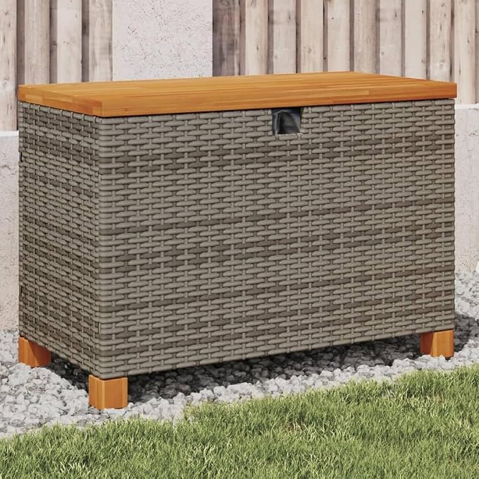Patio Storage Box, Deck Box Organization and Storage, Deck Storage Container Box for Patio Furniture,Outdoor Cushions, Pool Supplies, Gray 31.5"x15.7"x18.9" Poly Rattan Acacia Wood