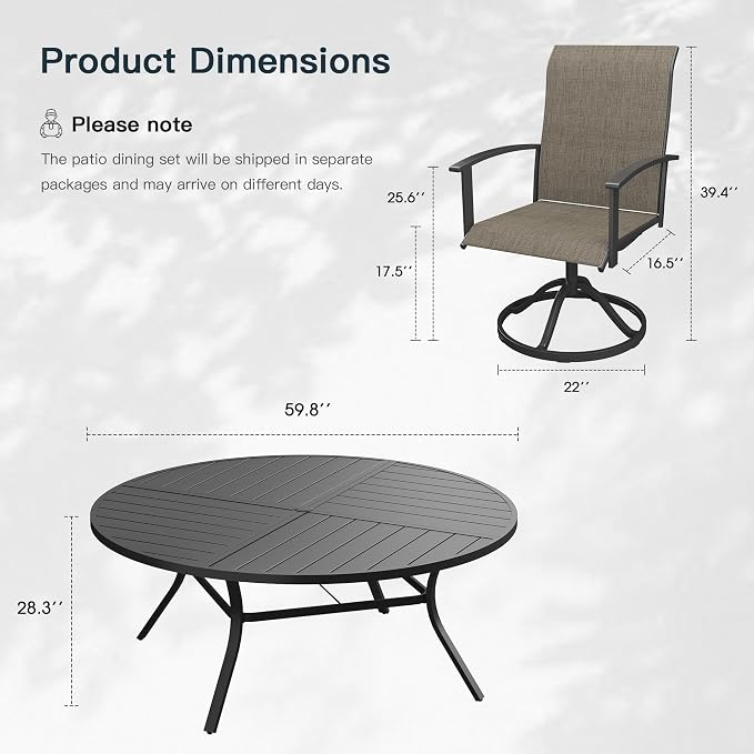VICLLAX 9 Pieces Patio Outdoor Dining Set, 8 Swivel Textilene Chairs and 60" Round Metal Table with Umbrella Hole for Porch, Deck, Garden, Black/Brown