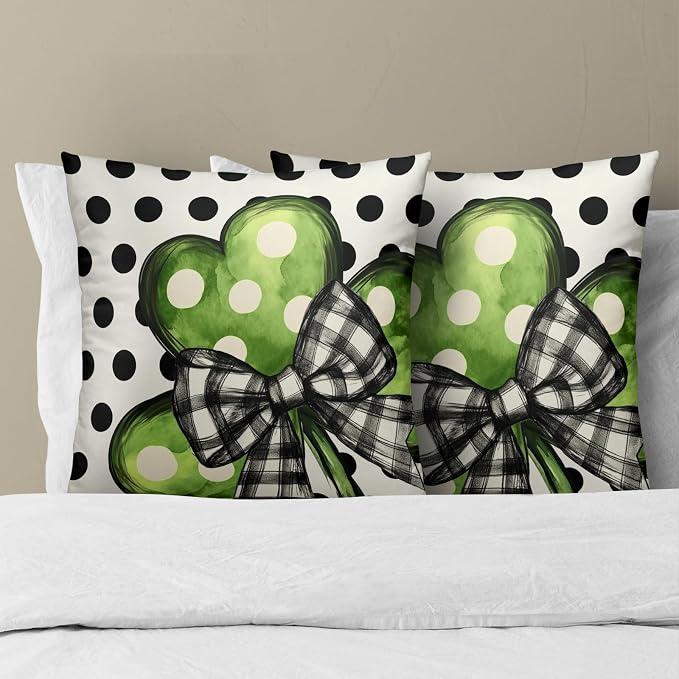 Lucky Shamrock Throw Pillow Covers 16x16 Inch – Set of 2 Green Clover with Black White Plaid Bow Polka Dot Holiday Cotton Pillowcases for Couch Sofa Bed Porch Farmhouse Home Decor