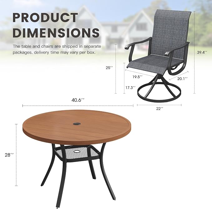 Outdoor Dining Set for 4, 40.6" Metal Round Outdoor Dining Table with Umbrella Hole and Sling Patio Swivel Chairs, 5 Pieces Patio Table and Chairs Set for Garden Backyard, Charcoal and Walnut