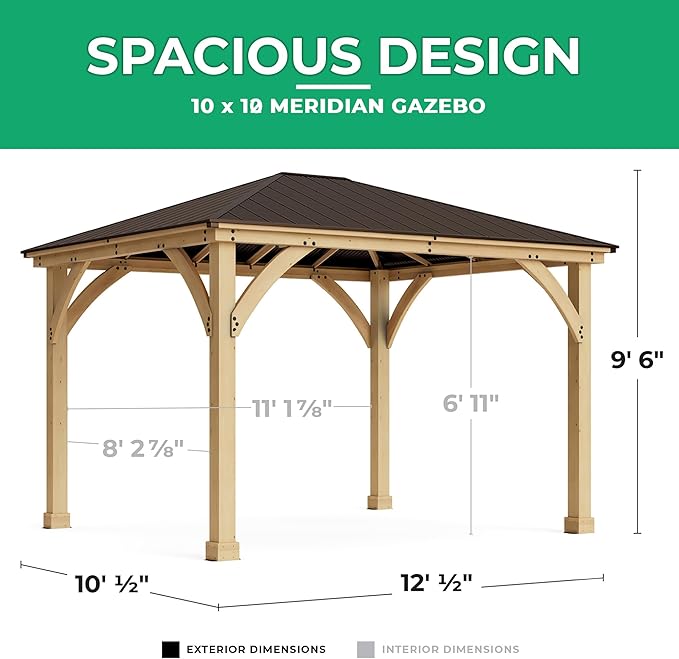 Yardistry 10 x 12 Meridian Cedar Wood Gazebo Pavilion for Patios, Decks, Garden, Backyard, Durable, Aluminum Roof