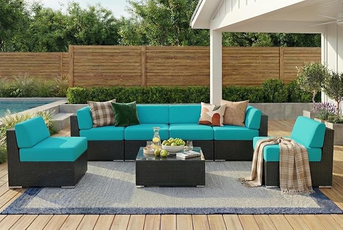 Fully Assembled 7 Piece Outdoor Patio Furniture with 6-inch Turquoise All-Weather Rainshield Cushions and Oversized Seats