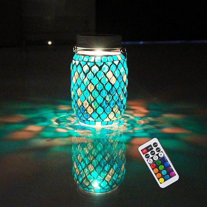 Solar Mosaic Lights - 12 Color Changing LED, 4 Lighting Modes with Remote Control, Handcrafted Glass Decor Lanterns, Hanging or Tabletop Decor for Garden (Bule)