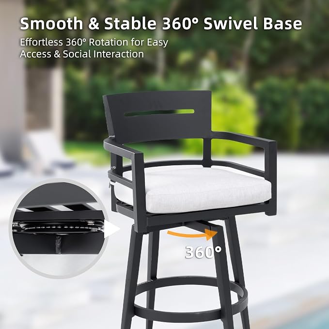 Modern 5-Piece Outdoor Patio Bar Table Set for 4, Small Square Marble Stone Table with 4 Weather-Resistant Swivel Bar Chairs, Aluminum Frame and Umbrella Hole, Sunbrella Cushion