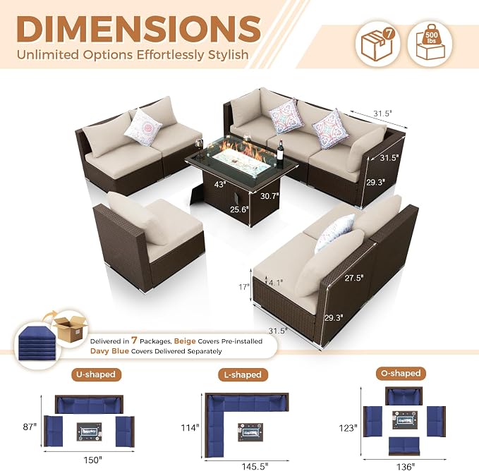 BULEXYARD 9 Piece High Back Outdoor Sectional Couch Set with Fire Pit, Luxury Weather-Resistant Patio Furniture Set, Large Size 8-Person Backyard Seating Group L-Shape for Exterior, Brown & Navy Blue