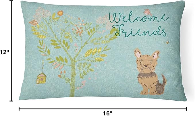 Caroline's Treasures BB7641PW1216 Welcome Friends Yorkie Canvas Fabric Decorative Pillow Machine Washable, Indoor Outdoor Decorative Pillow for Couch, Bed or Patio, 12HX16W