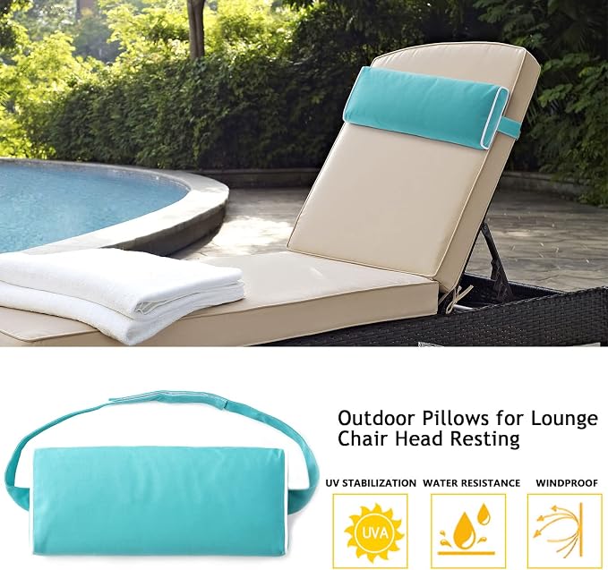Enipate Outdoor Chaise Lounge Head Pillow, Pack of 2 Water Resistant Headrest Pillows with Elastic Band for Pool Patio Chairs