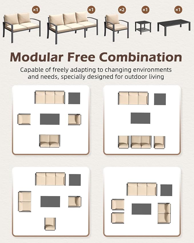 U-MAX Metal Patio Furniture Set with Waterproof Cover, 6 Pieces Outdoor Conversation Set with Coffee Table&Side Table, Outdoor Couch Sofa Modern Setting Set with Beige Cushions for Lawn, Backyard