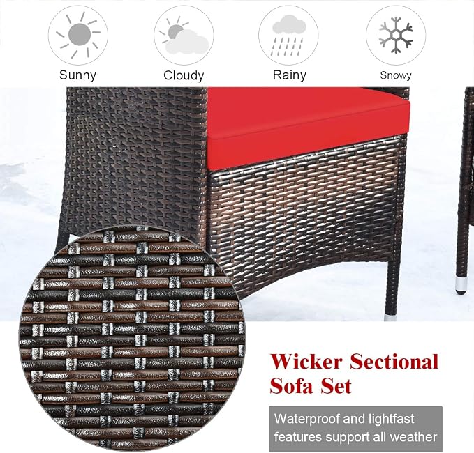 COSTWAY 8PCS Rattan Patio Furniture Set | Outdoor Wicker Rattan Chairs with Coffee Table, Rattan Cushioned Conversation Set for Backyard Balcony Poolside, Red