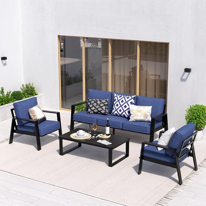 Aluminum Outdoor Patio Furniture Set, 4 Piece Sectional Coversation Sets with Coffee Table, Modern Outdoor Sofa Couch with Thick Cushions for Porch, Balcony, Garden(Blue Cushions)