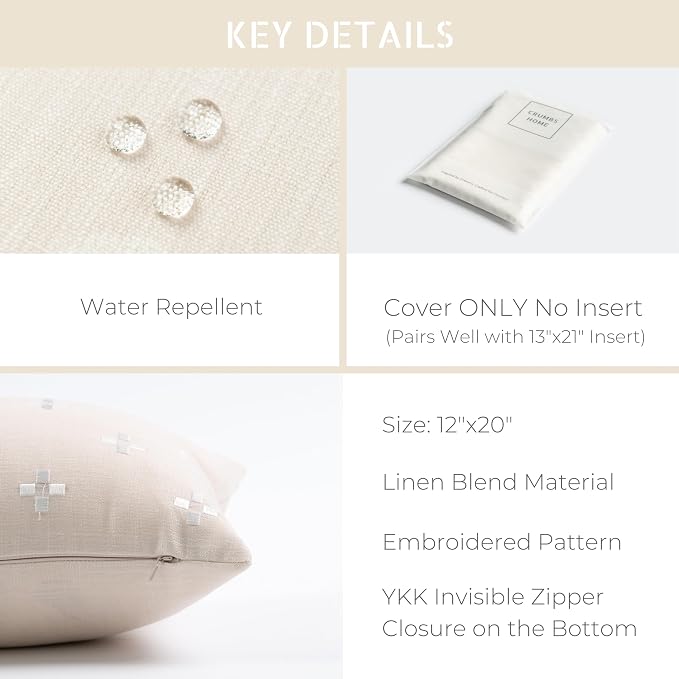 Coastal Linen Indoor Outdoor Lumbar Pillow Cover Only, 12"x20" Water Repellent for Patio, Backyard, Couch, Neutral Beige Small Squares