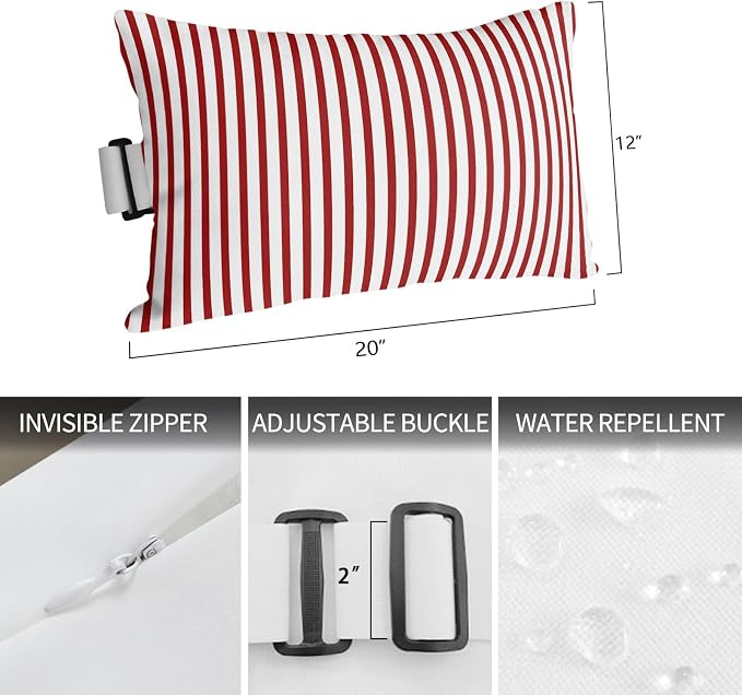 Outdoor Lumbar Pillows 12x20 Set of 2, Thin Red Striped Waterproof Throw Pillow Covers with Insert, Farmhouse Modern Red Stripes Decorative Support Pillows for Lounge, Chaise